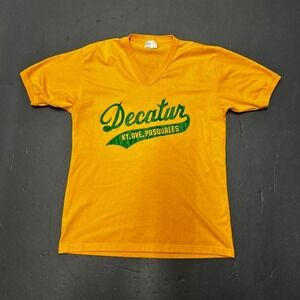 Vintage 70s/80s yellow and green v neck ringer baseball graphic tee shirt